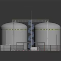 Industrial Storage Tanks With Yellow Warning Stripes Surrounding Fencing And Connected Pipes 3d model