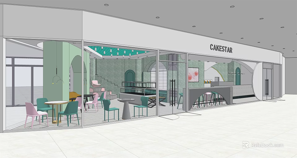 CAKESTAR Dessert Shop Modern Interior With Green Decor Tables Chairs And Bar Counter 3d model 