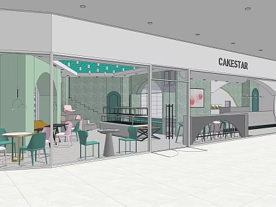 CAKESTAR Dessert Shop Modern Interior With Green Decor Tables Chairs And Bar Counter 3d model