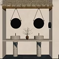Minimalist Bathroom Vanity With Double Sinks Round Mirrors Stone Pillars And Thatched Roof