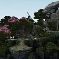 Floating Rocky Island Scene With Pink Blossom Trees And Wooden Bridge Structure