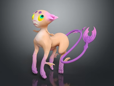 Pink Purple Fantasy Game Movie Character with Big Yellow Green Eyes and Long Feathery Tail 3d model
