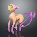 Pink Purple Fantasy Game Movie Character with Big Yellow Green Eyes and Long Feathery Tail