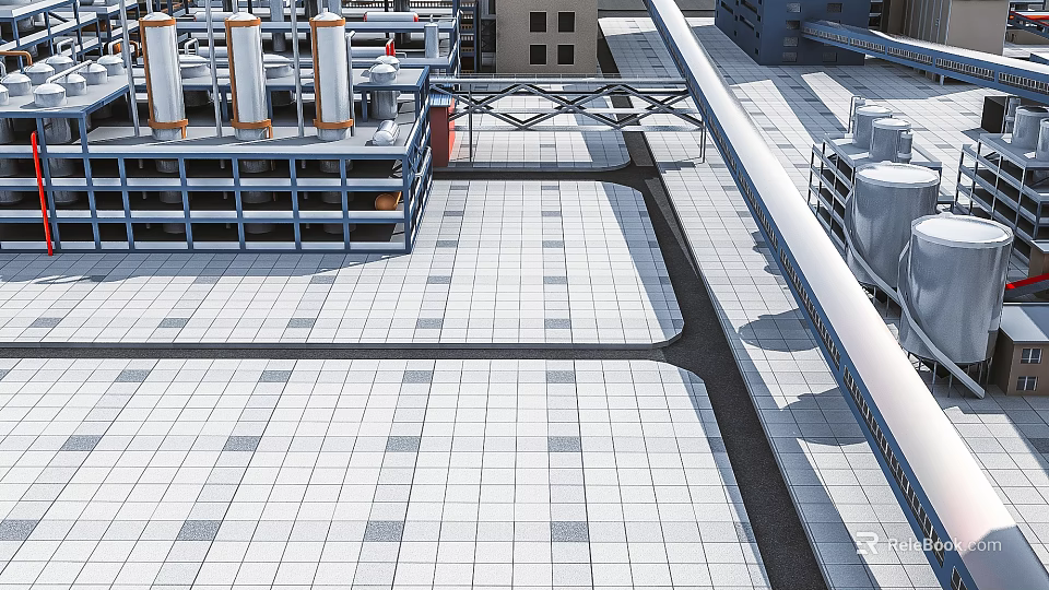 Modern Industrial Factory Building Roof With Cooling Towers Metal Pipes And Walkways 3d model 