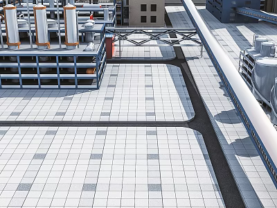 Modern Industrial Factory Building Roof With Cooling Towers Metal Pipes And Walkways 3d model