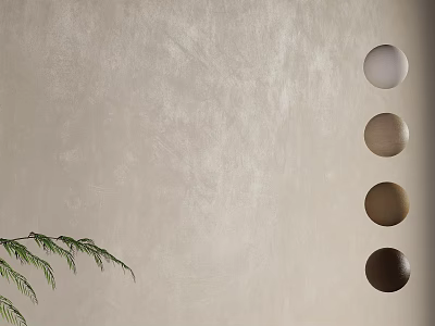 Textured Beige Wall With Four Circular Ornaments From Light To Dark And Green Fern Leaves 3d model