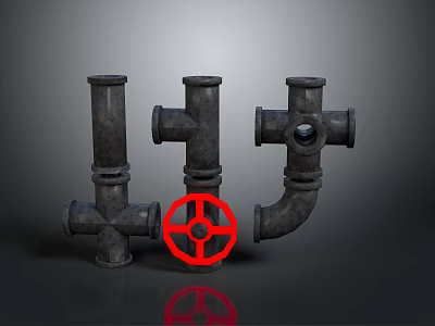 Industrial Style Metal Pipe Fittings With Red Valve And Various Shapes On Dark Background 3d model