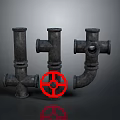 Industrial Style Metal Pipe Fittings With Red Valve And Various Shapes On Dark Background