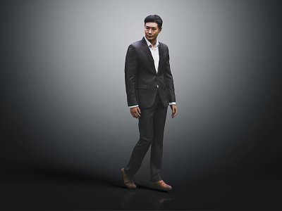 A Man in Dark Suit with White Shirt Brown Shoes Standing in Minimalist Gray Background 3d model
