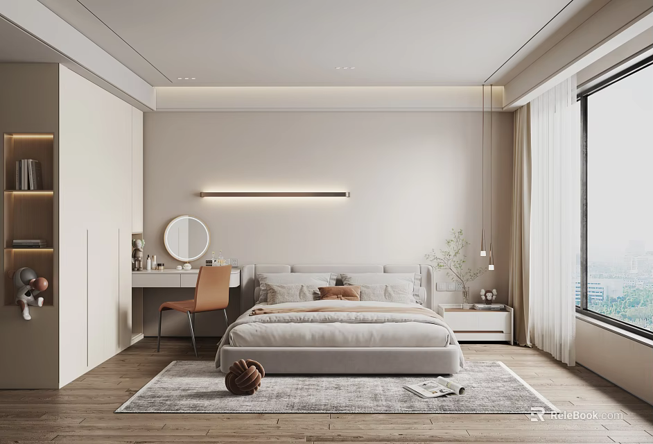 Modern Bedroom Interior With Platform Bed Linear Wall Light Dressing Table And Area Rug 3d model