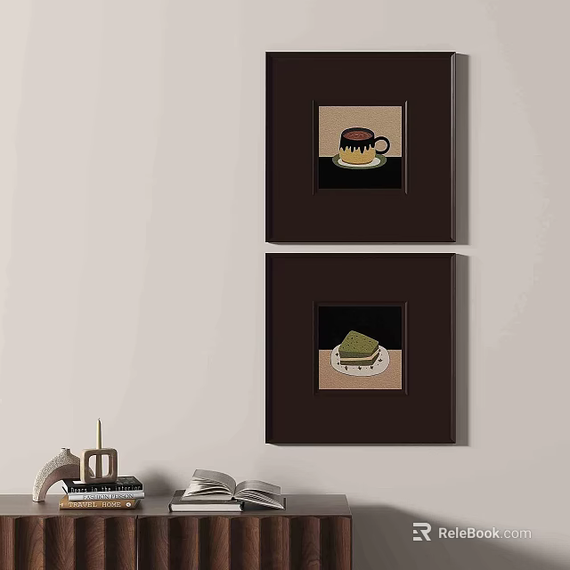 Decorative Wall Paintings with Dark Frames Featuring Dessert and Beverage Artworks 3d model