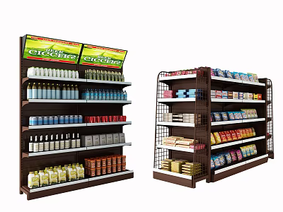 Multi tiered Retail Display Shelves With Cocktails Signage And Various Packaged Products 3d model