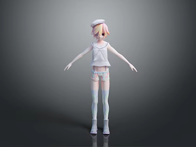 3D Model Character With Pink White Hair Hat Striped Top Shorts And Thigh High Socks 3d model