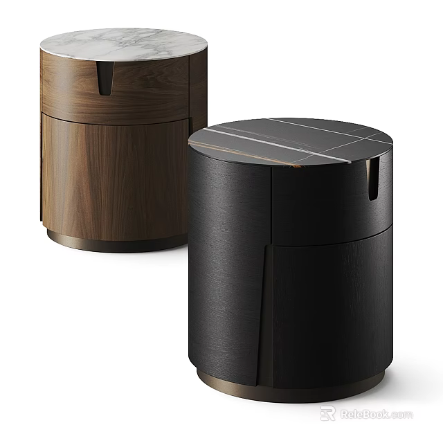 Contemporary Round Bedside Tables In Brown Black Wood With Marble Tabletops 3d model 