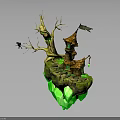 Enchanted Treehouse Building On Floating Island With Withered Tree Small Flag And Green Glowing Crystals