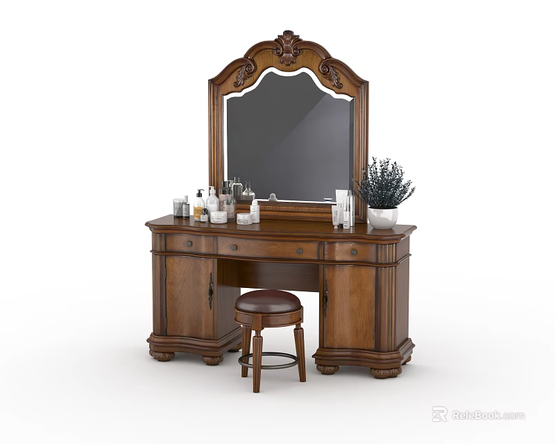 Wooden Vanity Table With Ornate Mirror Skincare Products Small Plant And Stool 3d model 