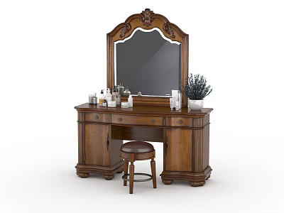 Wooden Vanity Table With Ornate Mirror Skincare Products Small Plant And Stool 3d model