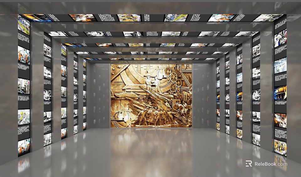 Exhibition Hall Interior Featuring Golden Relief Wall And Display Panels On Both Sides 3d model 