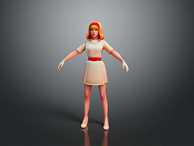 3D Game Movie Character With Red Hair Headband Beige Dress And White Shoes 3d model