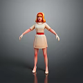 3D Game Movie Character With Red Hair Headband Beige Dress And White Shoes