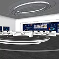 Modern Monitoring Room Control Center Featuring Multiple Display Screens Circular Console And White Chairs