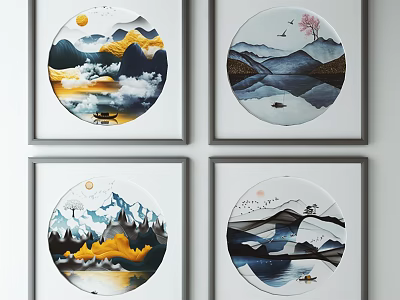 Decorative Circular Framed Landscape Paintings Hanging On Wall With Mountains Water Boats Birds 3d model
