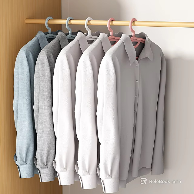 Hanging Shirts In Various Colors And Styles On Wooden Closet Rail 3d model 