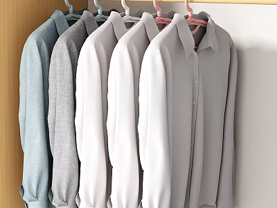 Hanging Shirts In Various Colors And Styles On Wooden Closet Rail 3d model
