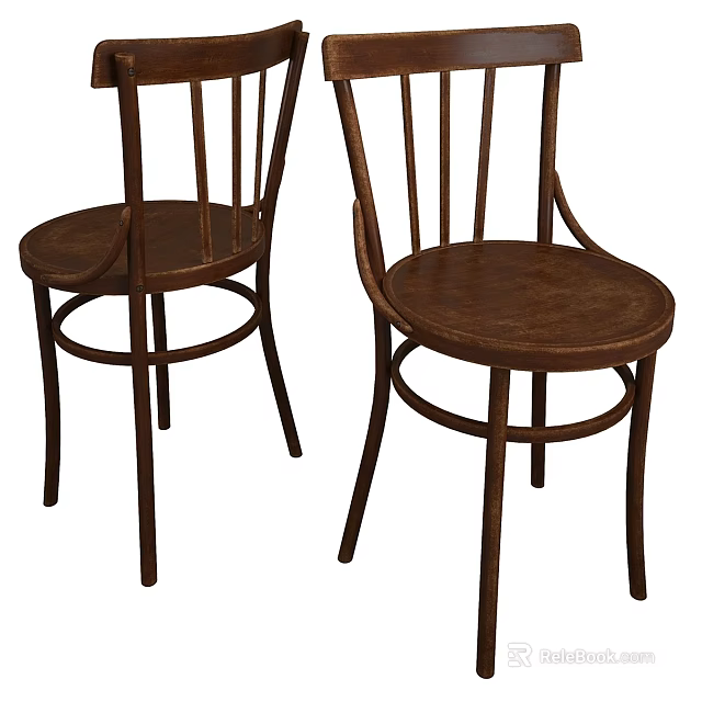 Classic Wooden Single Chair With Curved Legs And Slatted Backrest Design 3d model 