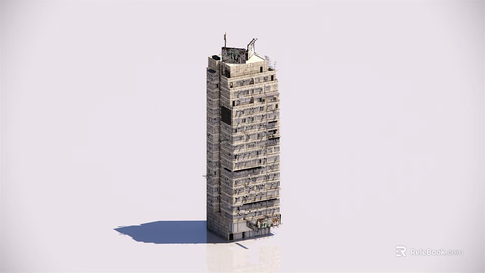 Old High Rise Residential Building Exterior Featuring Multiple Windows And Rooftop Equipment 3d model 