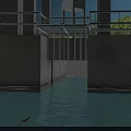 Flowing Water From Concrete Structure With Metal Railings And Calm Surface