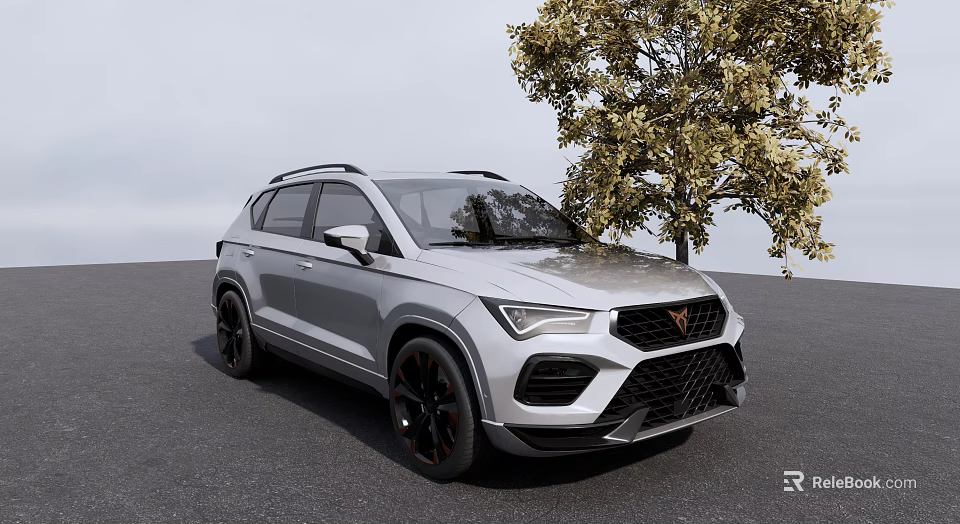 Silver Modern SUV With Black Wheels Parked By Tree On Asphalt Ground 3d model 