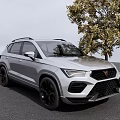 Silver Modern SUV With Black Wheels Parked By Tree On Asphalt Ground