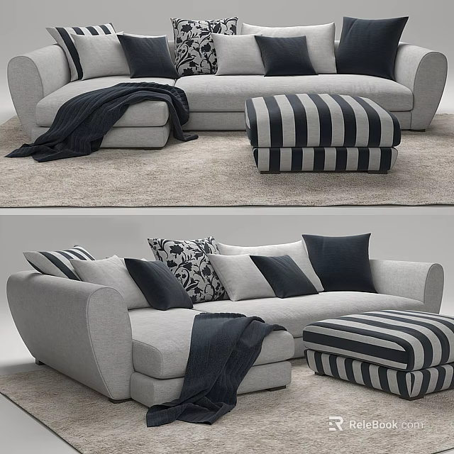 Light Gray Modern Sofa Set With Patterned Solid Black Pillows And Striped Ottoman 3d model