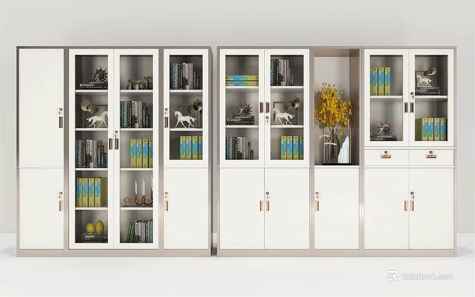 Modern White Bookcase With Glass Doors Multiple Cabinets Books And Decorative Items 3d model 