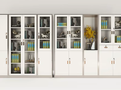 Modern White Bookcase With Glass Doors Multiple Cabinets Books And Decorative Items 3d model