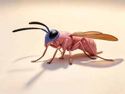 Pink Insect Shaped Doll with Blue Head Black Antennae and Brown Wings 3d model