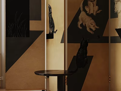 Modern Side Table with Black Top and Metal Legs Against Geometric Animal Decor Background 3d model