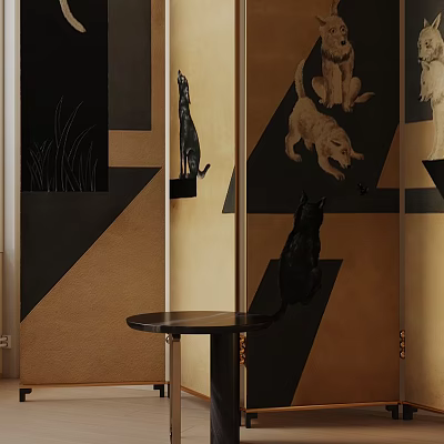 Modern Side Table with Black Top and Metal Legs Against Geometric Animal Decor Background 3d model