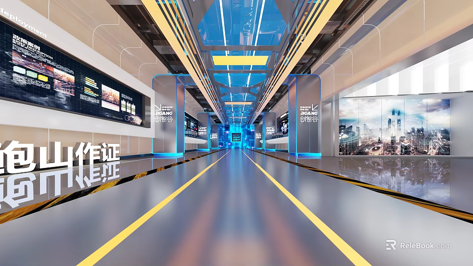 Modern Spacious Hi tech Exhibition Hall Featuring Blue Lighting Strips Glass Partitions and Yellow Floor Lines 3d model 