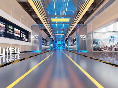Modern Spacious Hi tech Exhibition Hall Featuring Blue Lighting Strips Glass Partitions and Yellow Floor Lines 3d model