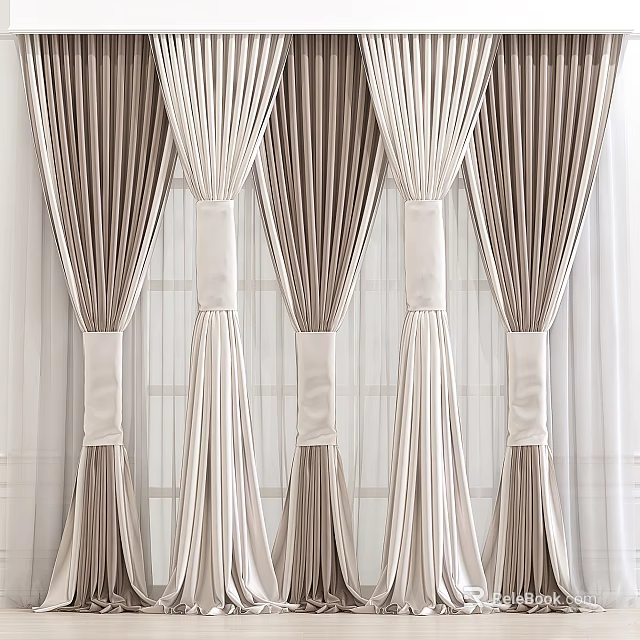 Elegant Beige And Light Brown Pleated Curtains With Sheer Layers And Tiebacks 3d model 