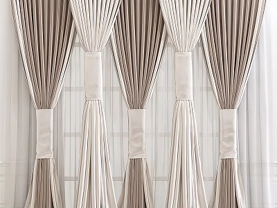 Elegant Beige And Light Brown Pleated Curtains With Sheer Layers And Tiebacks 3d model