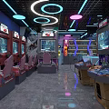 Modern Game Arcade with Racing Gaming Machines Colorful Neon Lights Shiny Floor and Entertainment Atmosphere