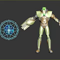 Robot Character With Green Gold Armor Glowing Head Arm Device And Blue Energy Orb