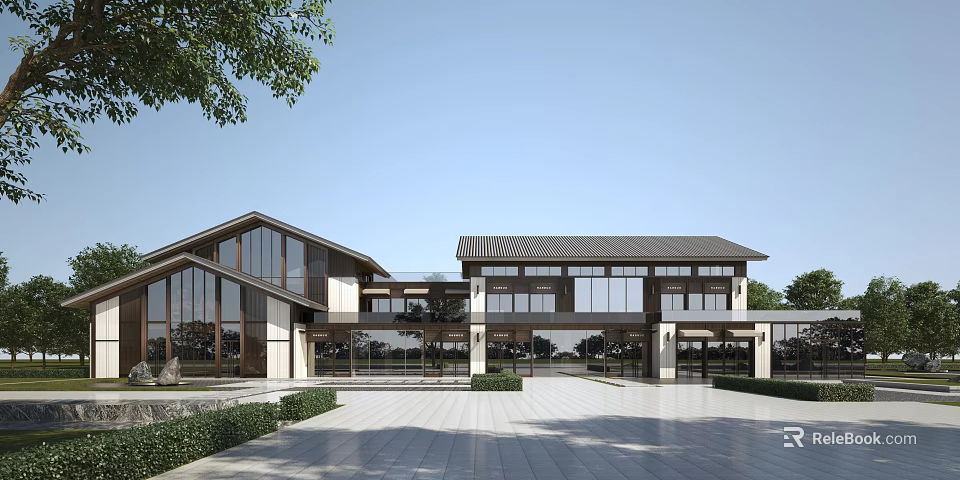 Modern Sales Office Building Design With Large Glass Windows And Wooden Roof Accents 3d model 