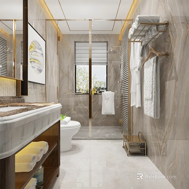 Elegant Modern Hotel Bathroom Interior With Marble Walls Shower Area And Towel Racks 3d model 