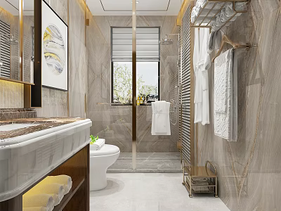 Elegant Modern Hotel Bathroom Interior With Marble Walls Shower Area And Towel Racks 3d model