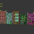 Vintage Urban Building Models With Weathered Facades Multiple Windows And Colorful Storefronts