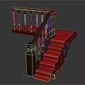 Wooden Staircase With Red Carpet And Traditional Railing Design Elements 3d model